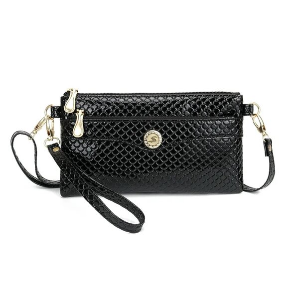 2/$30 Black Snake Skin Embossed Crossbody Bag Zipper Wristlet Clutch Phone Bag - Picture 8 of 8